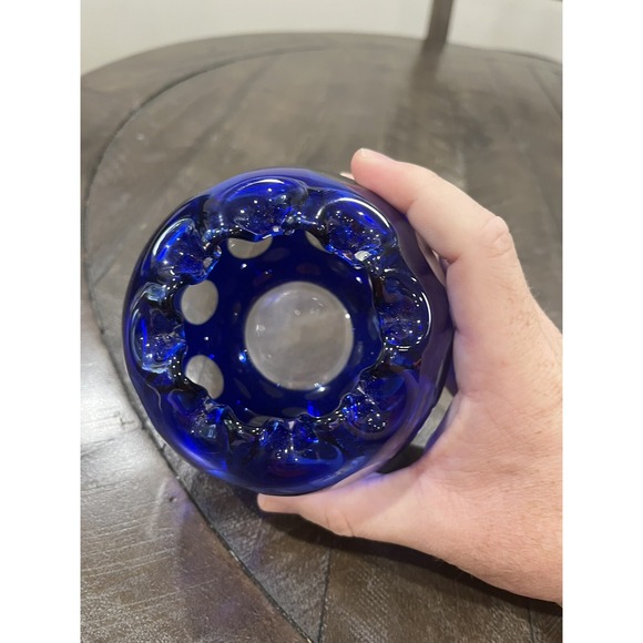 Cobalt Blue Cut to Clear Art Glass Rose‎ Bowl Vase Dots Ruffled Top 4" - Picture 6 of 9